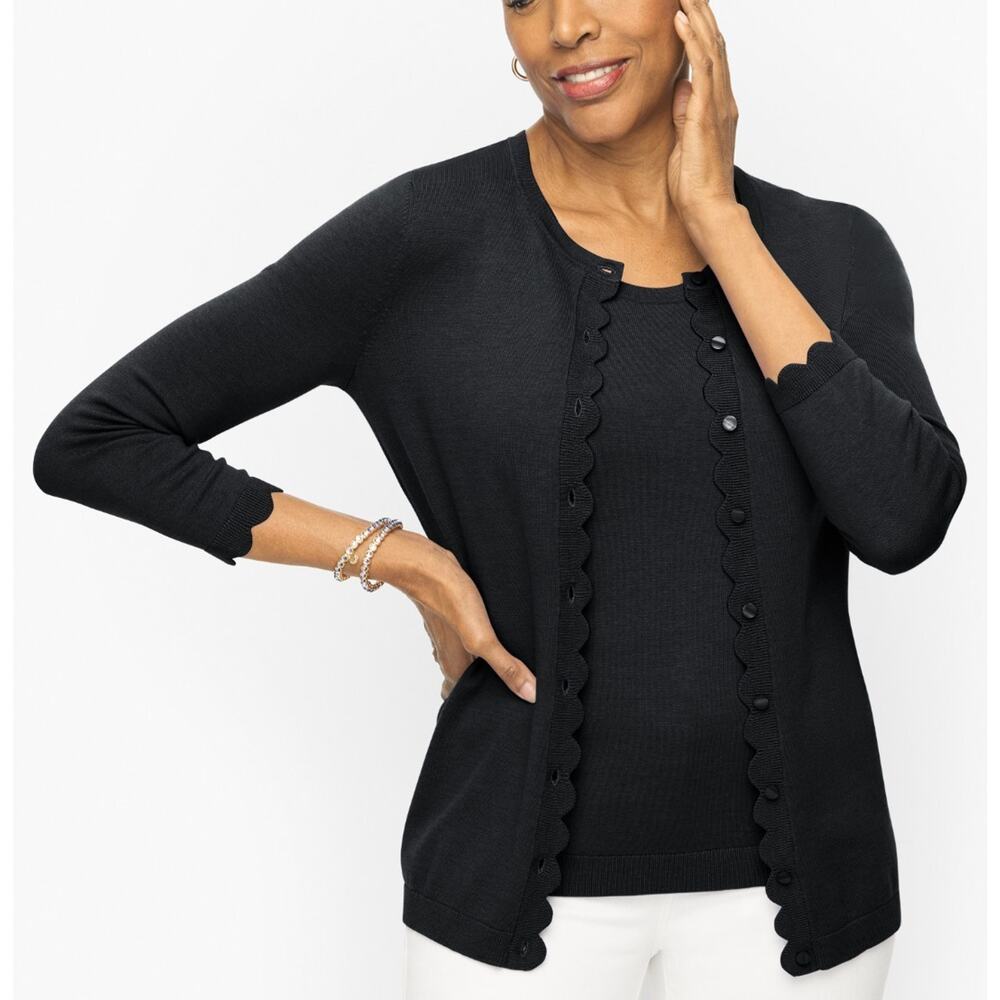 Talbot's Charming Black Cardigan Scalloped Edge Detail Petite 3/4 Sleeve